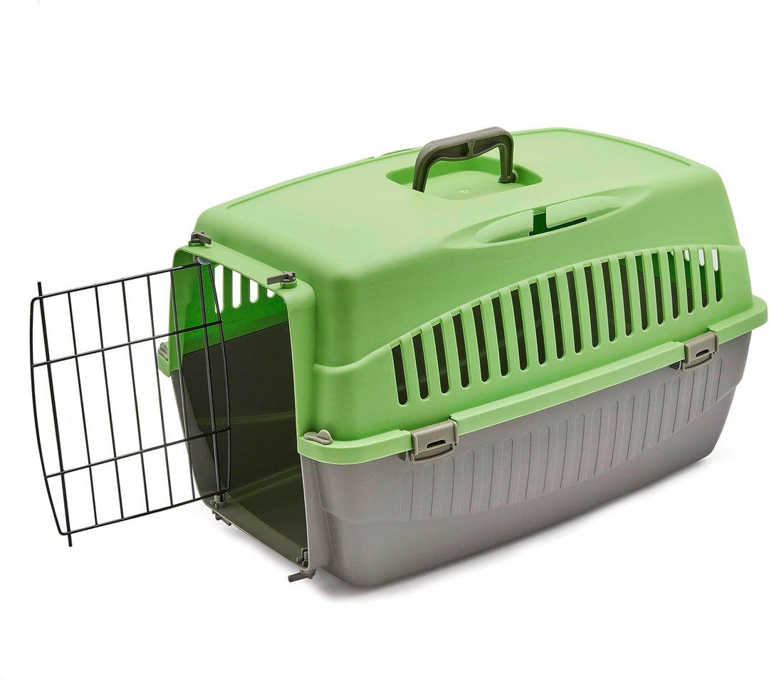 HAPPET Tiertransportbox Doggy M Grün-Grau 54x38x33 cm – Robuste, gut belüftete Transportbox aus Kuns