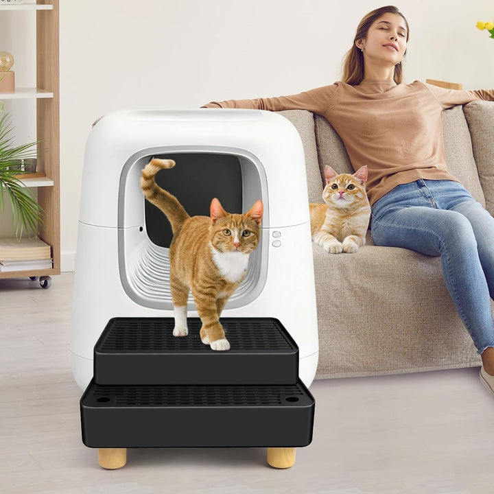 Verstellbare 2-stufige Katzentoilettenrampe, Katzen Treppen & Stufen mit Holzfüsse Filterfunktion, l