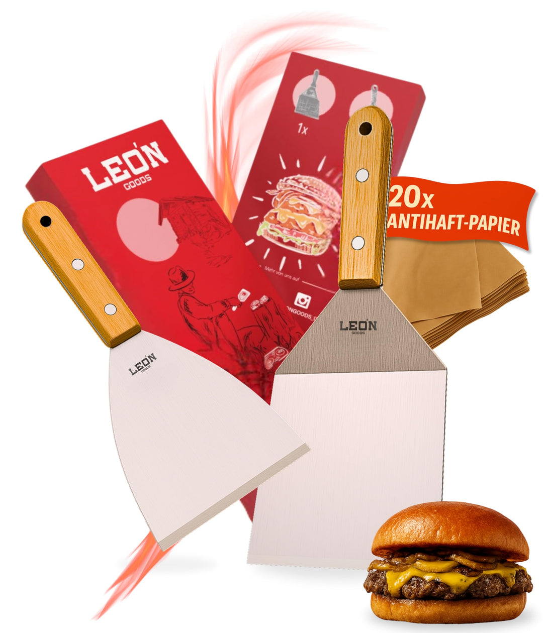 LEÓN Goods © NEU: Grillspachtel Set mit Holzgriff - Brandneu aus Buchenholz und Edelstahl. Robust, H