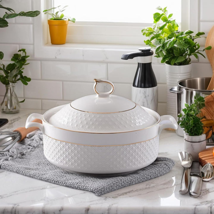 Tureens, Suppe Tureen Keramik, 1, 5 l weisse Servierschalen mit Goldener Grenze Doppelgriff Suppe Tu