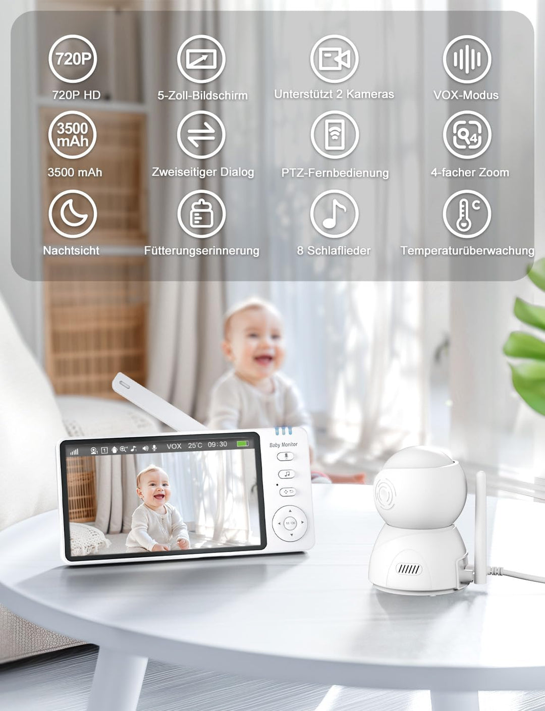 BURNNOVE Babyphone mit Kamera ohne WLAN, 5 Zoll IPS 720P Video Babyphone, Baby Monitor mit Nachtsich
