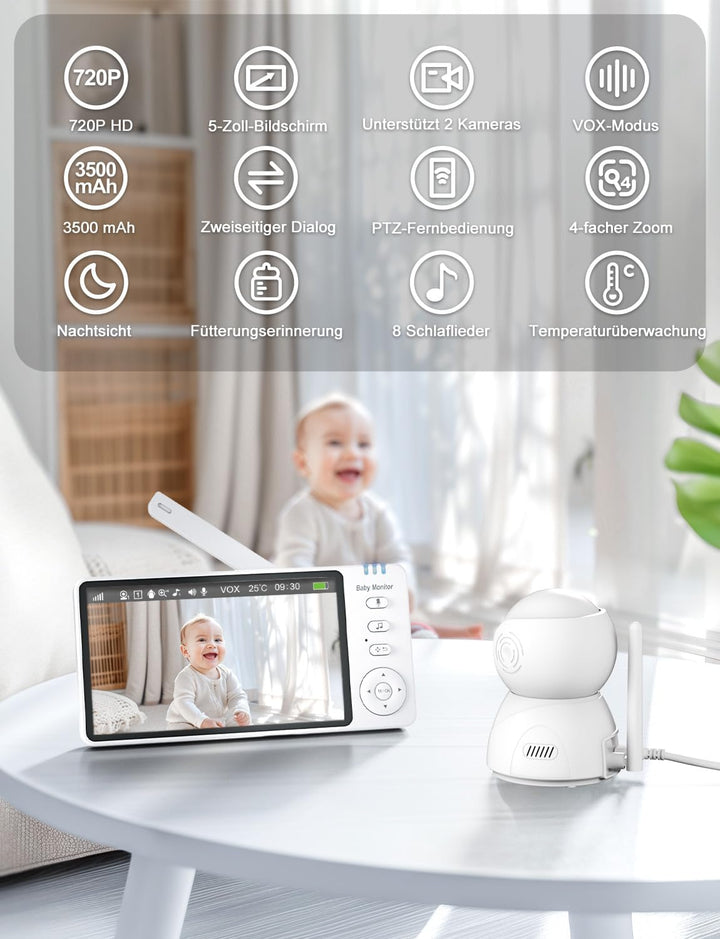 BURNNOVE Babyphone mit Kamera ohne WLAN, 5 Zoll IPS 720P Video Babyphone, Baby Monitor mit Nachtsich