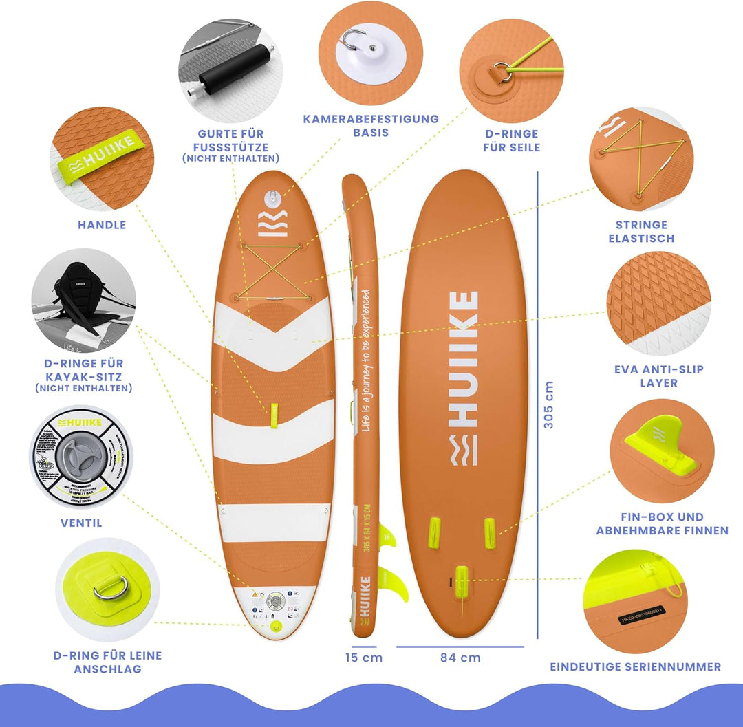 HUIIKE Stand Up Paddling Board mit Zubehör, Paddel, Finnen, Pumpe. Paddle Sup Board Aufblasbar Hohe
