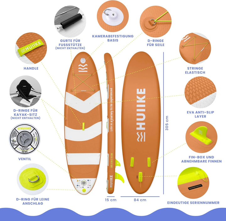 HUIIKE Stand Up Paddling Board mit Zubehör, Paddel, Finnen, Pumpe. Paddle Sup Board Aufblasbar Hohe