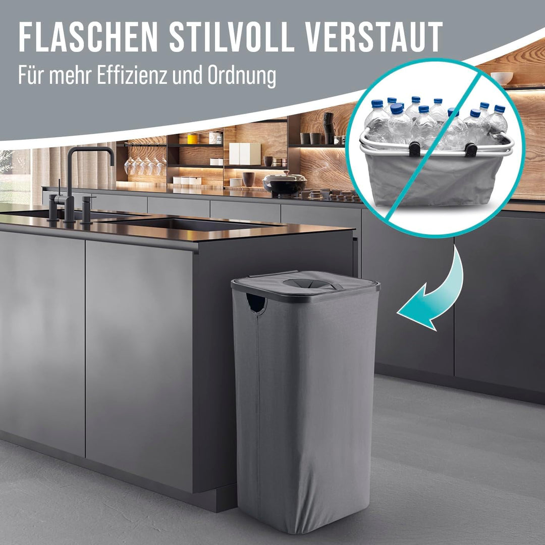 Pfandflaschen-Sammelbehälter mit Deckel | Inklusive 2 Tragetaschen & Klettverschluss | Grosses Fassu