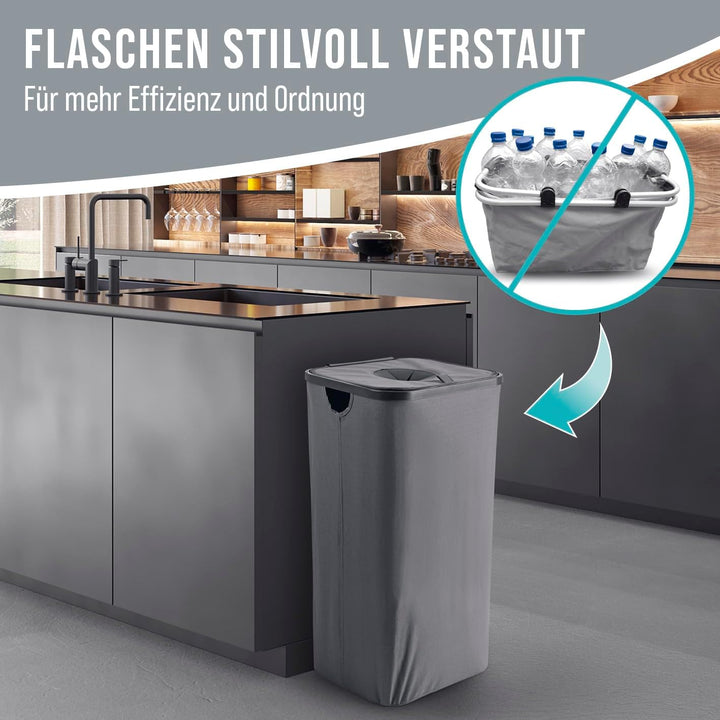 Pfandflaschen-Sammelbehälter mit Deckel | Inklusive 2 Tragetaschen & Klettverschluss | Grosses Fassu