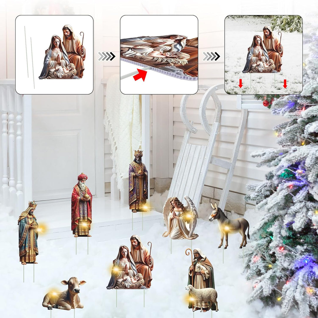Weihnachtskrippe Outdoor,8erWeihnachtsdeko Gartenstecker Krippenfiguren,Krippe Gartendeko Weihnachts