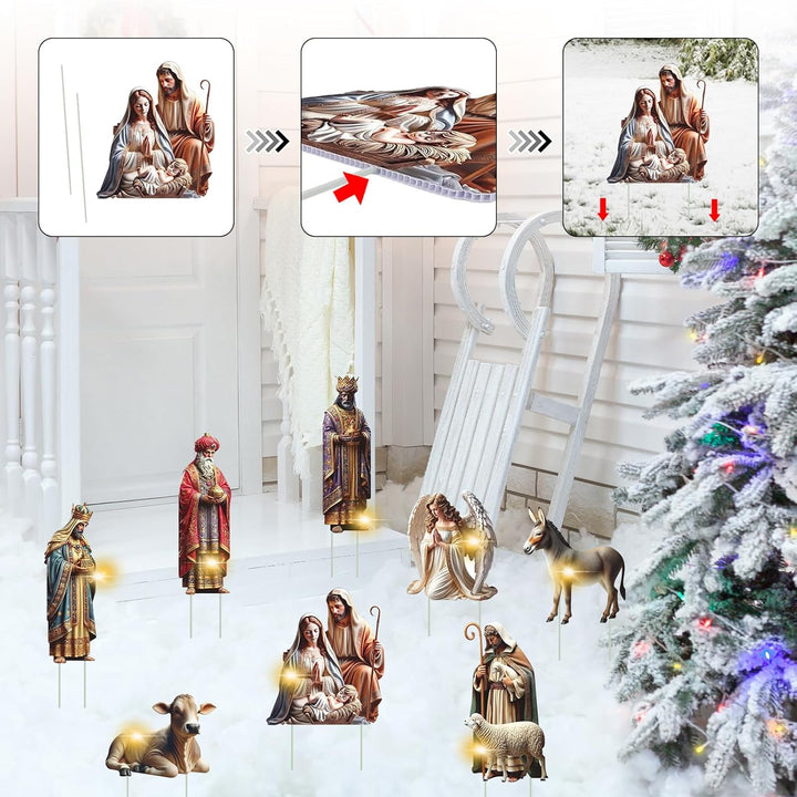 Weihnachtskrippe Outdoor,8erWeihnachtsdeko Gartenstecker Krippenfiguren,Krippe Gartendeko Weihnachts