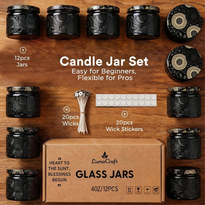 LumaCraft Candle Luxus Relief Kerzengläser zum Kerzen giessen-12er Pack Leere Glasgefässe mit Luftdi