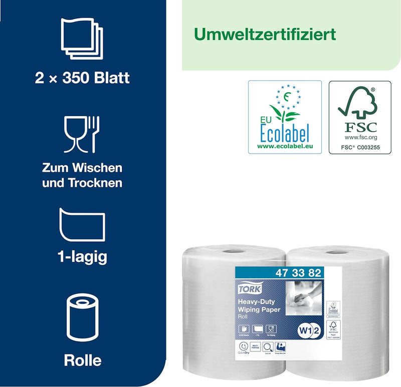 Tork Extra Starke Mehrzweck-Papierwischtücher Weiss W1/2, 2 נ350 Blatt, 473382 2 x 350 Blatt Weiss,