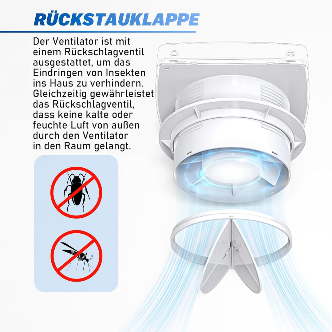 Badlüfter 100mm mit Nachlauf, ≤34db Leiser und Leistungsstarker Abluftventilator, 12W 2400U/min IPX4