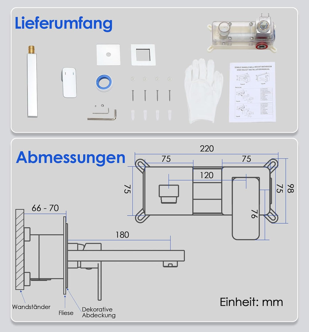 ROVOGO Waschtischarmatur Unterputz für Wandmontage, 2-Loch Wasserhahn Bad aus Edelstahl 304, Einhebe
