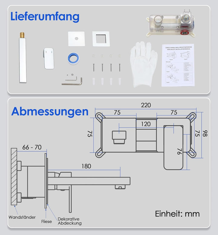 ROVOGO Waschtischarmatur Unterputz für Wandmontage, 2-Loch Wasserhahn Bad aus Edelstahl 304, Einhebe