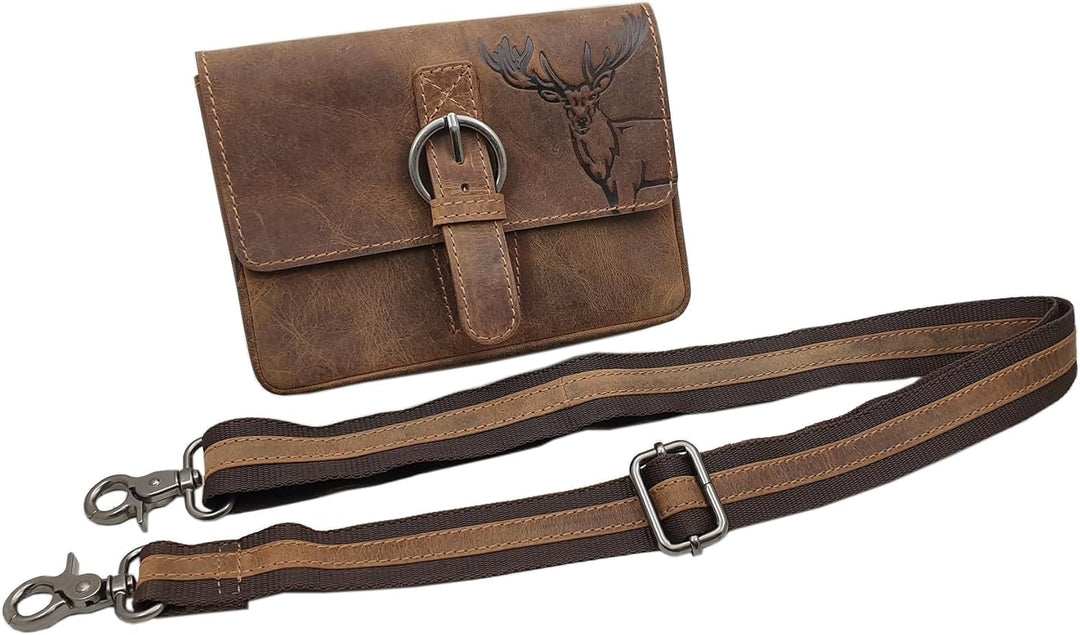 Echt Büffel-Vollleder Handtasche mit Tragegurt in Hoch- oder Querformat mit Hirsch-Motiv in Braun (M