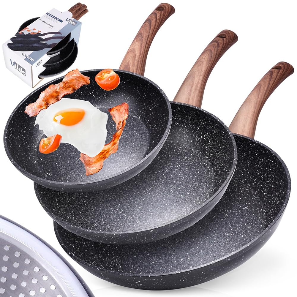 Pfannen-Set mit Granitbeschichtung Bratpfanne Granitpfanne BLACK&WOOD 3 Stk. 20/24 / 28 cm