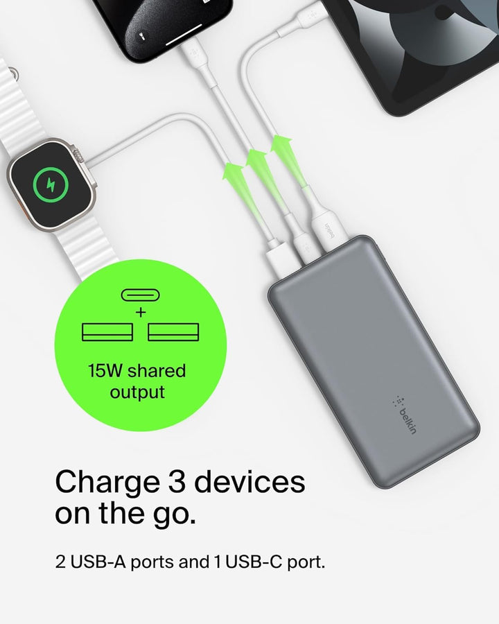 Belkin Powerbank 10000mah, tragbares USB-C-Ladegerät mit 1 USB-C- & 2 USB-A-Anschlüssen, Akkupack zu