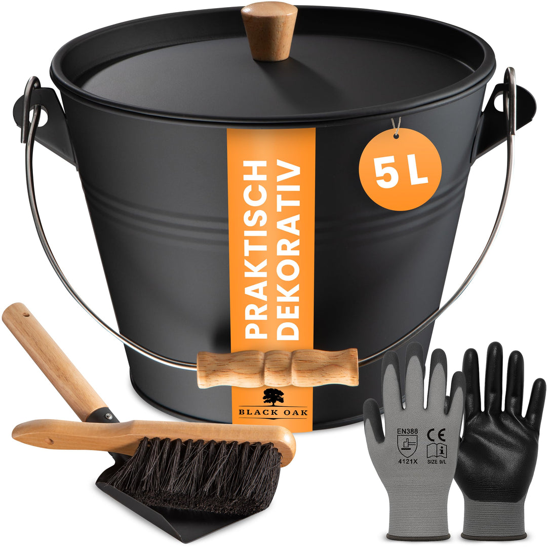 BLACK OAK Ascheeimer PAGO 5L - schwarz mit Deckel mit Holz-Griff + Feger + Schaufel & Handschuhen -