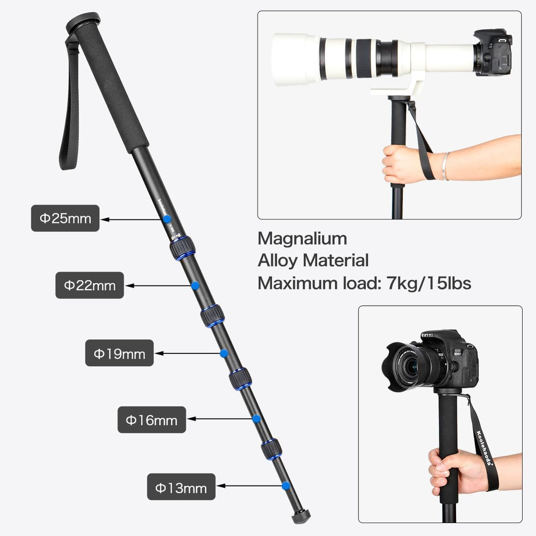 koolehaoda Aluminium-Kamera-Einbeinstativ und Alpenstock mit Griff, 5-Bein-Abschnitte, 7 kg Tragkraf
