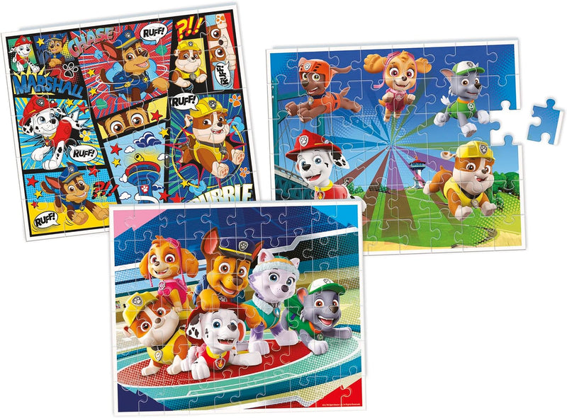 CLEMENTONI - 18112 – Super Edukit 7 in 1 – Paw Patrol (3 Puzzles von 30, 48 und 60 Stück, 6 Würfel,