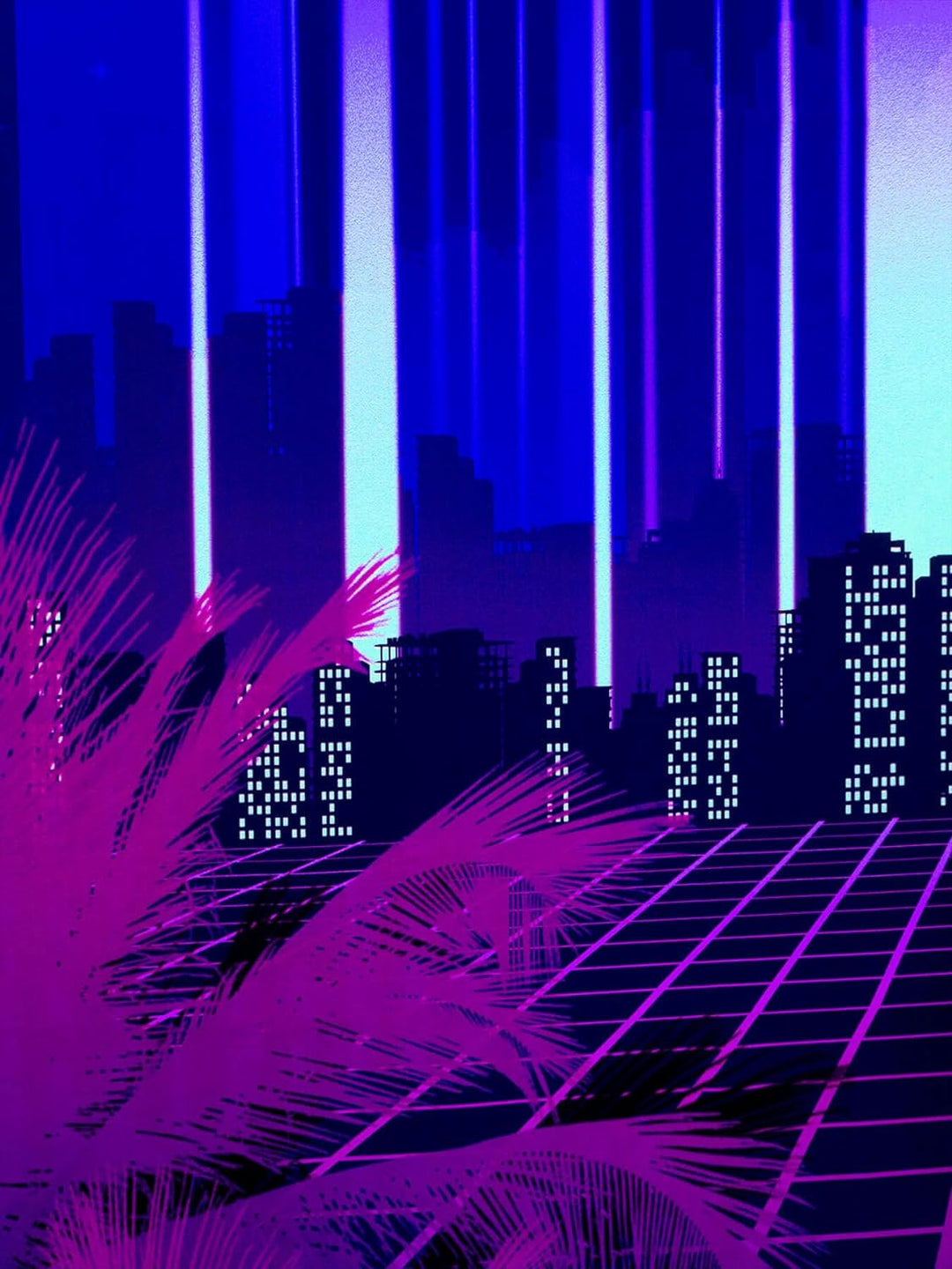 PSYWORK Schwarzlicht Stoffposter Neon | Vaporware 80 Skyline | 1,5 x 2,25m | UV-aktiv | fluoresziere