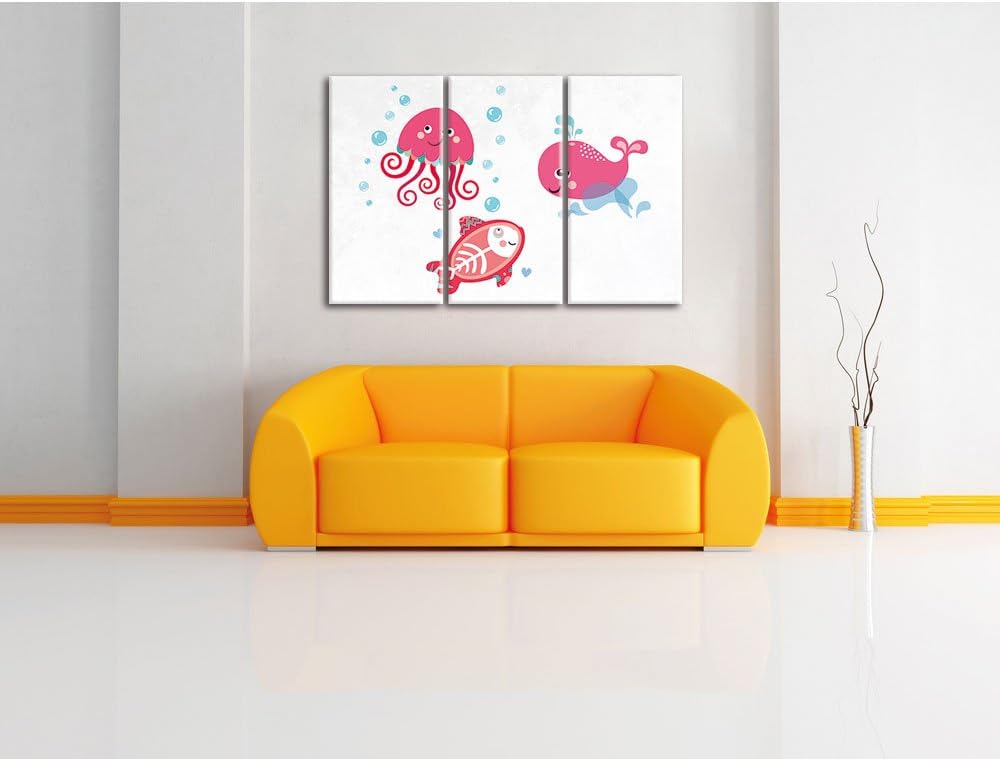Pixxprint und verspielte Unterwasser Tiere als Leinwandbild/Grösse: 3 Teilig (120x80) cm/Wandbild/Ku