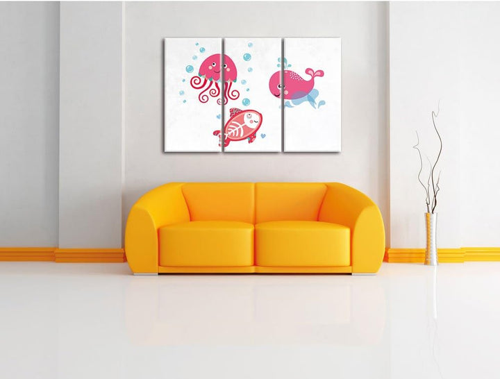 Pixxprint und verspielte Unterwasser Tiere als Leinwandbild/Grösse: 3 Teilig (120x80) cm/Wandbild/Ku