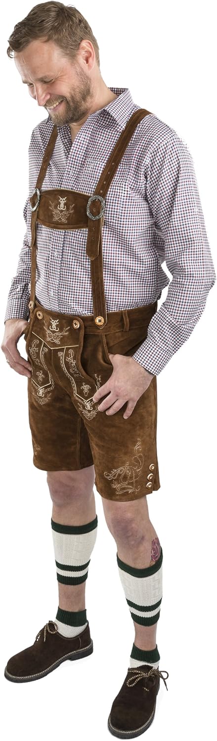 Herren Lederhose kurz - Alpenjäger Trachtenlederhose inkl. Hosenträger – Trachtenhose aus Echt-Leder