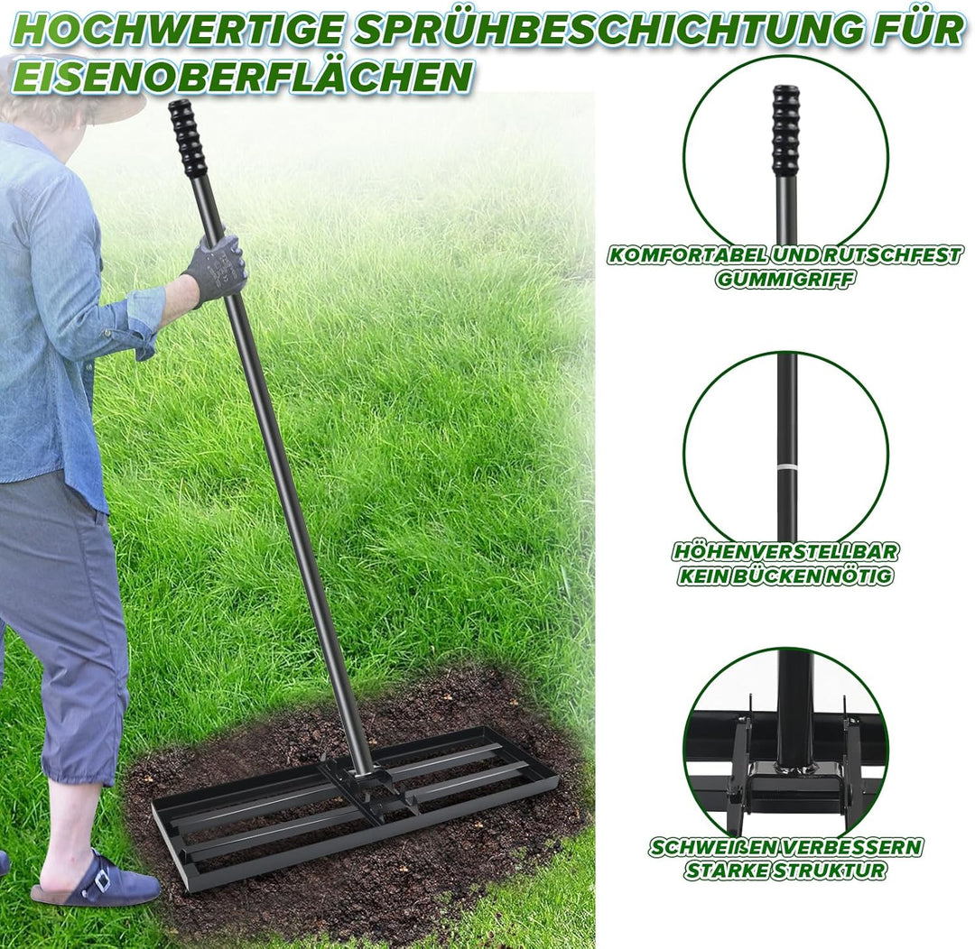 MaxEarn Rasen Nivellierrechen, 75x25 cm Garten Rasenrakel, Metall Rasenrechen mit 180 cm Verlängerte