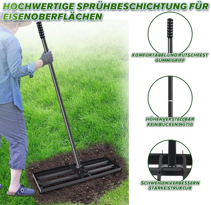 MaxEarn Rasen Nivellierrechen, 75x25 cm Garten Rasenrakel, Metall Rasenrechen mit 180 cm Verlängerte