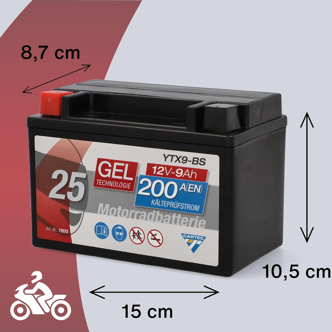 CARTEC Motorradbatterie YTX9-BS, 8Ah, 135A, Gel Technologie Motorrad-Starter-Batterie, Erstausrüster