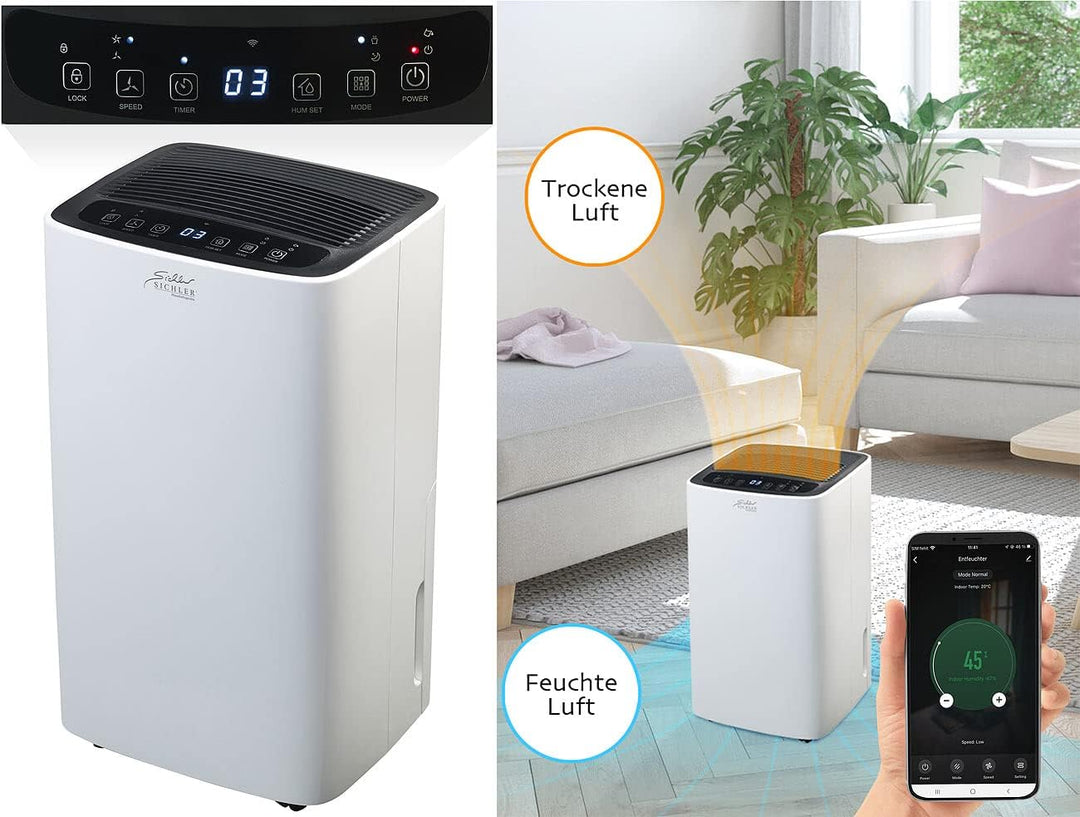 Sichler Haushaltsgeräte Lufttrockner: Smarter WLAN-Luftentfeuchter mit Timer und App, 12 Liter/Tag (