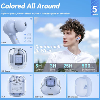 ACEFAST T6 Bluetooth Kopfhörer In Ear, Kopfhoerer Kabellos mit Dual-Mikrofon und KI-Anruf, Komposit-