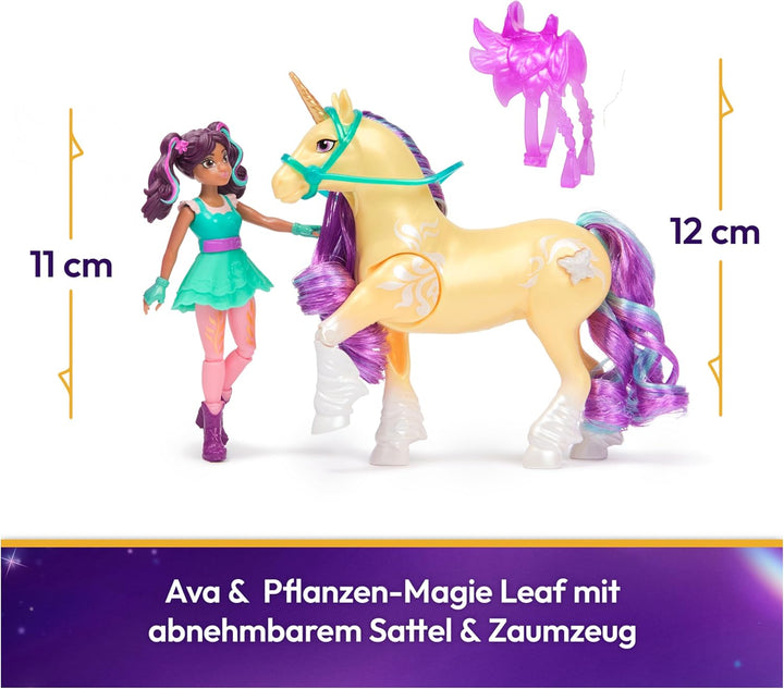 Unicorn Academy Set - Ava und Pflanzen-Magie Leaf mit echter Mähne und Schweif sowie magischer Leuch