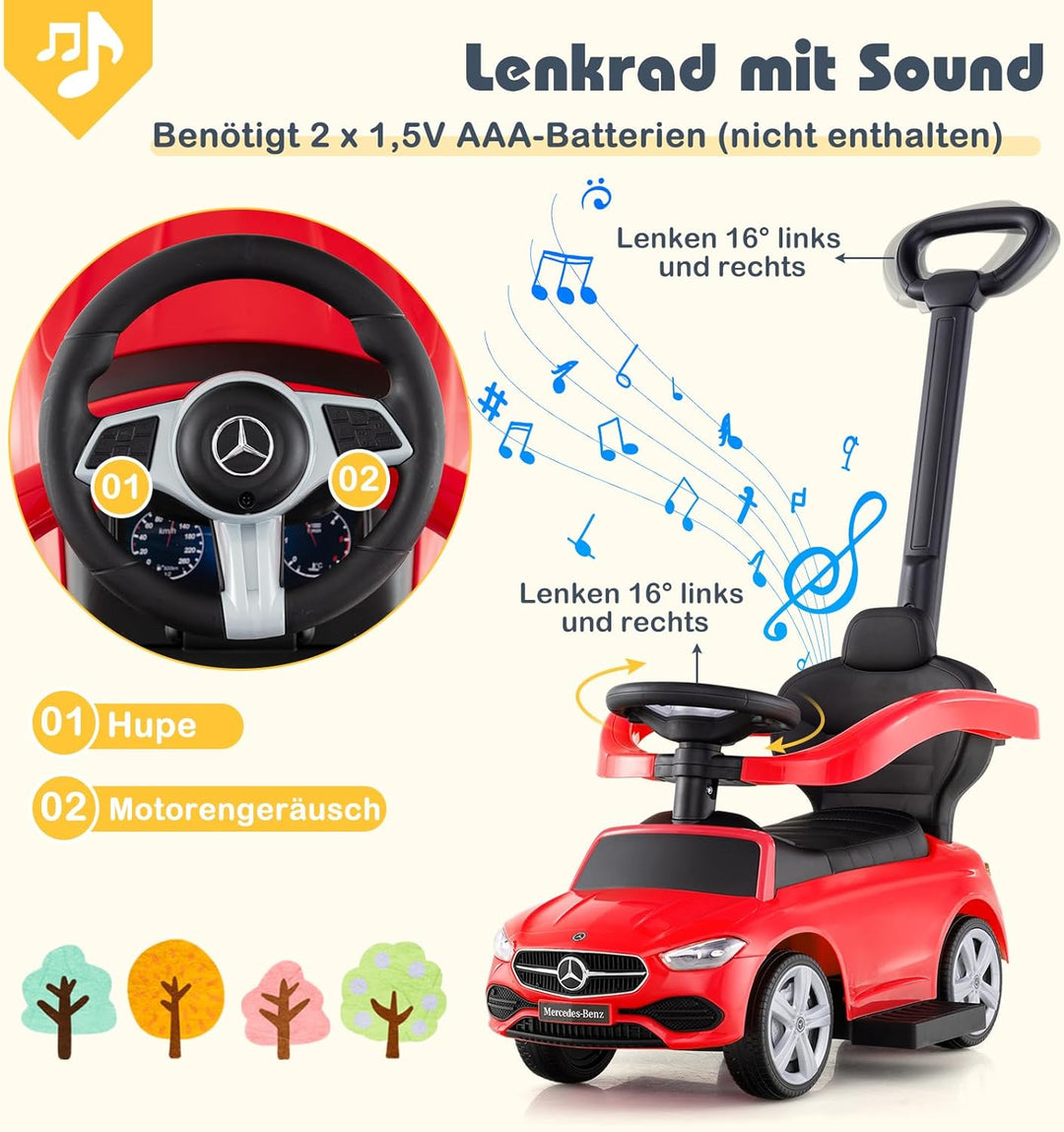 COSTWAY Mercedes-Benz Rutschauto, 3-in-1 Rutschfahrzeug mit Schiebegriff, Stauraum & Lenkschieber, S