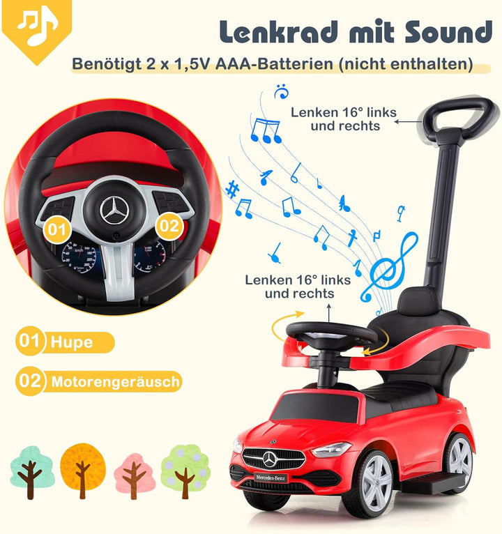 COSTWAY Mercedes-Benz Rutschauto, 3-in-1 Rutschfahrzeug mit Schiebegriff, Stauraum & Lenkschieber, S