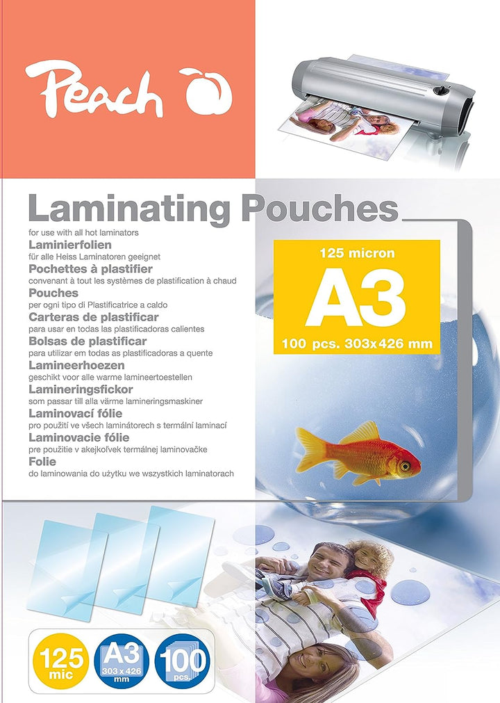 Peach Laminierfolie A3 | 125 mic | 100 Stück | Premiumqualität für beste Laminierergebnisse | kompat