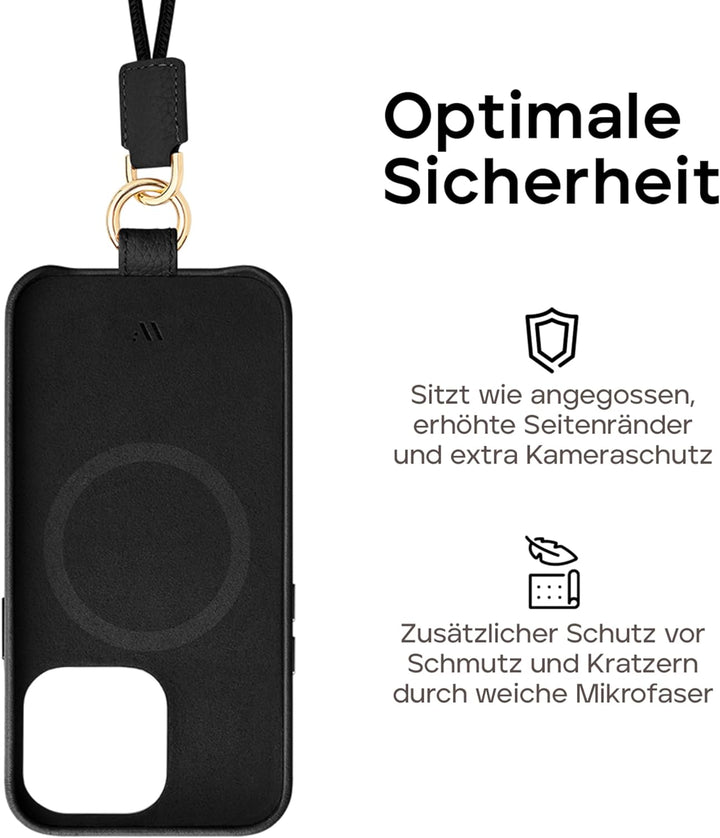 WIIUKA Hülle für iPhone 14, Leder aus Deutschland, Lederhülle Handykette, Premium Handyhülle, Case,