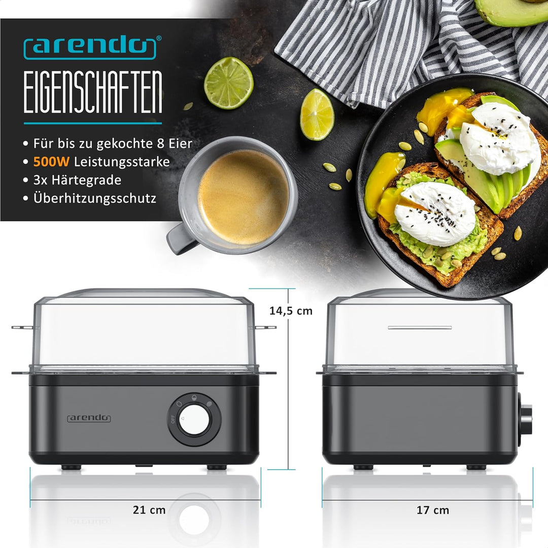 Arendo - Eierkocher Edelstahl für 1 bis 8 Eier - Egg Cooker - 500 W – Kontroll Leuchte – Drehregler