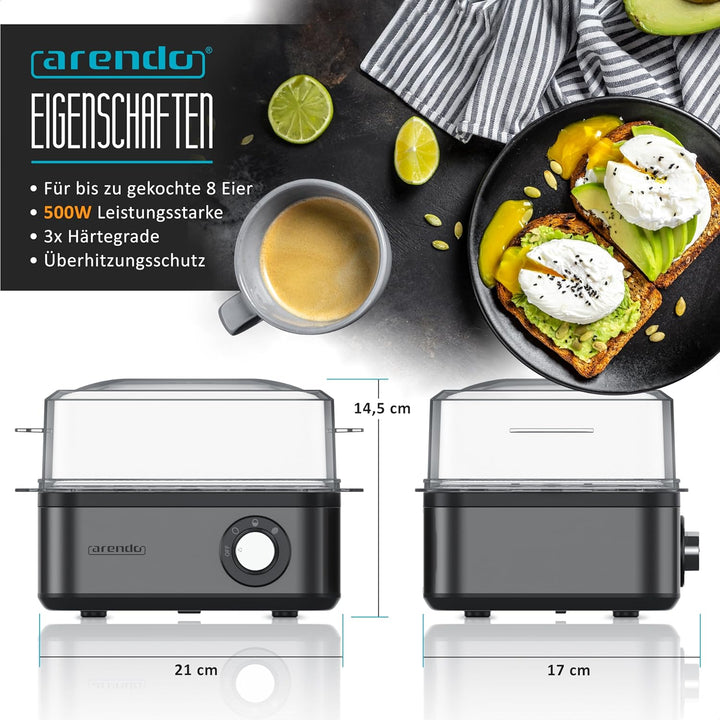 Arendo - Eierkocher Edelstahl für 1 bis 8 Eier - Egg Cooker - 500 W – Kontroll Leuchte – Drehregler