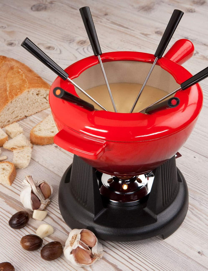 Le Creuset Gusseisen Käsefondue-Set, Inkl. 2 Griffen, Spritzschutz, Rechaud und 6 Fonduegabeln, 2 L