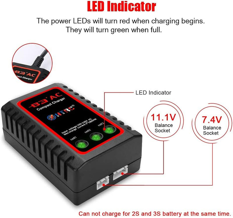 Haisito B3 Lipo Ladegerät für 2S 3S Akku (7.4V, 11.1V), Kompaktes Airsoft-Schnellladegerät (100-240V
