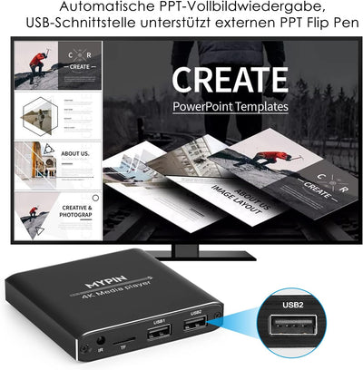 MYPIN HDMI Multimedia Player, 4K@30Hz Digital Media Player HDMI/AV-Ausgang PPT MKV AVI RMVB RM für H