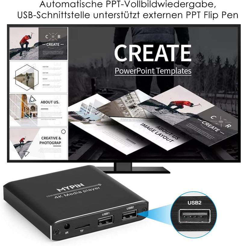 MYPIN HDMI Multimedia Player, 4K@30Hz Digital Media Player HDMI/AV-Ausgang PPT MKV AVI RMVB RM für H