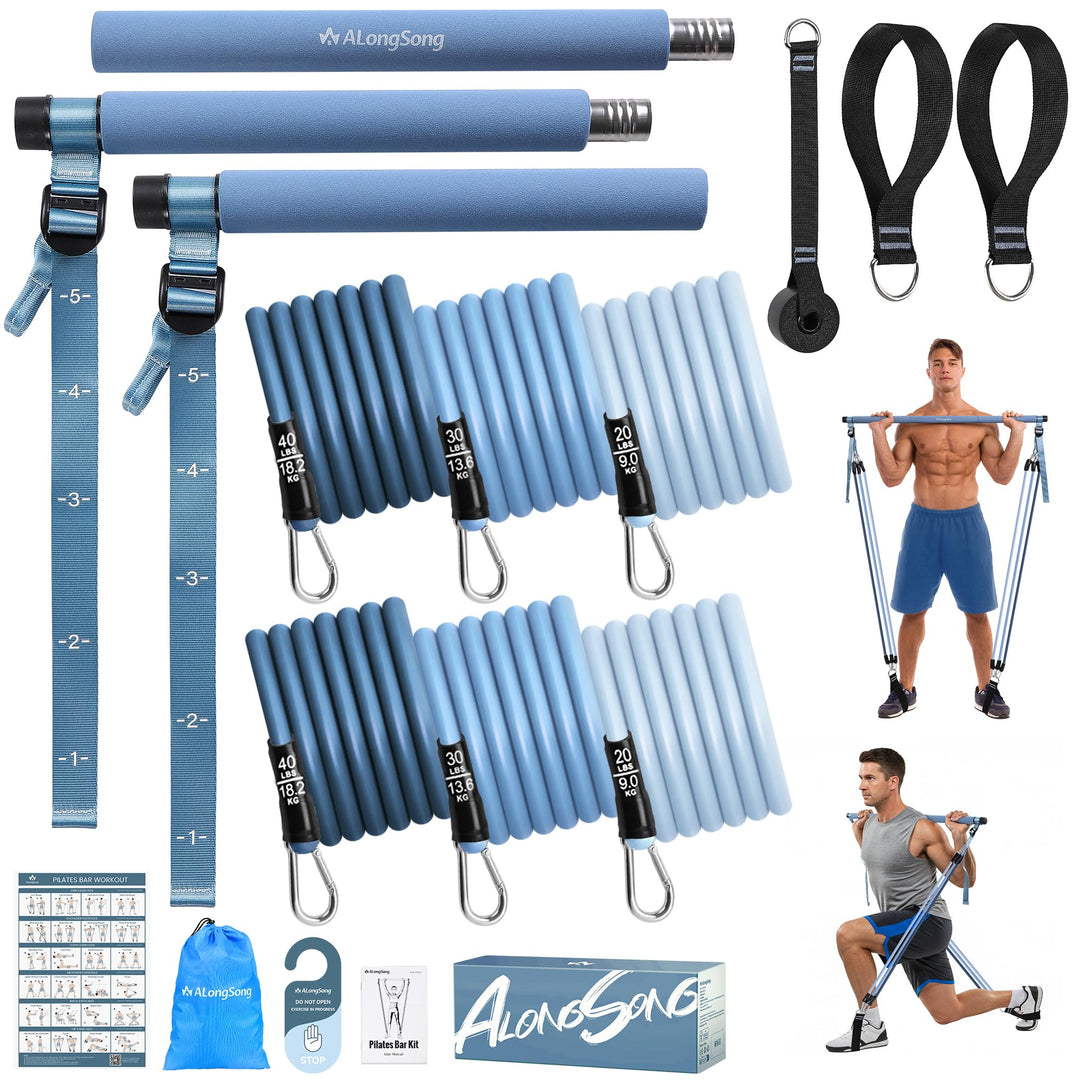 ALongSong Pilates Bar Set mit Widerstandsbänder Krafttraining 180LBS/140LBS Resistance Bands Fitness
