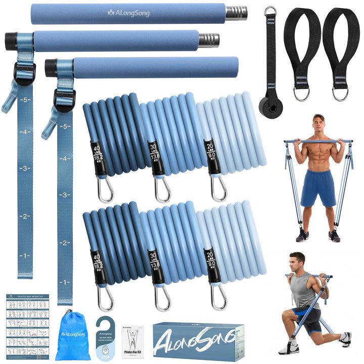 ALongSong Pilates Bar Set mit Widerstandsbänder Krafttraining 180LBS/140LBS Resistance Bands Fitness