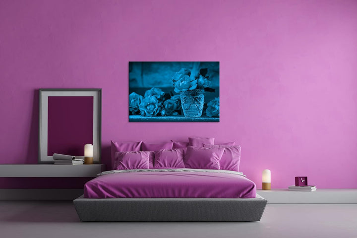 deyoli Glas voller Rosen Format 80x60 Effekt: Monocrome Blau als Leinwandbild, Motiv fertig gerahmt