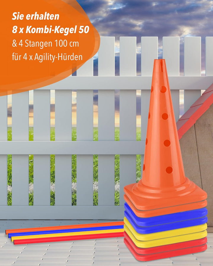 Kombi Kegel-Hürde 50 mit Stangen 100 cm – 4er Set – Parcours-Hindernis für Agility Training – Sprung