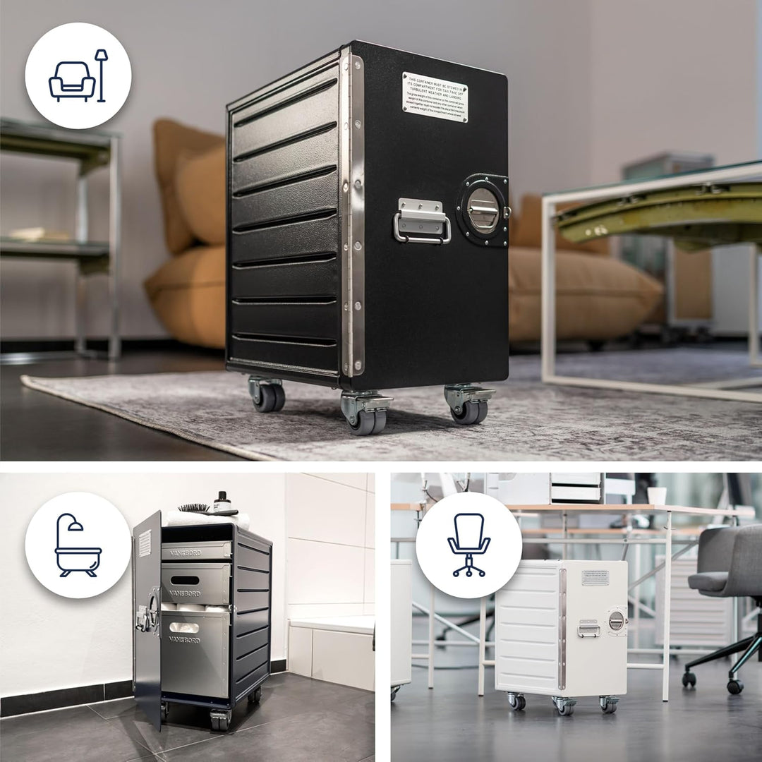 VanDeBord Bord Box XL mit Rollen Schwarz, grosser Rollcontainer, original Flugzeugmöbel aus der Luft