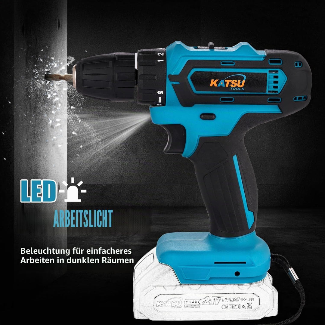 KATSU FIT-BAT 102623 Akku-Bohrschrauber, 21 V, 10 mm Schnellspannbohrfutter, 2 Gänge, LED-Licht, ide