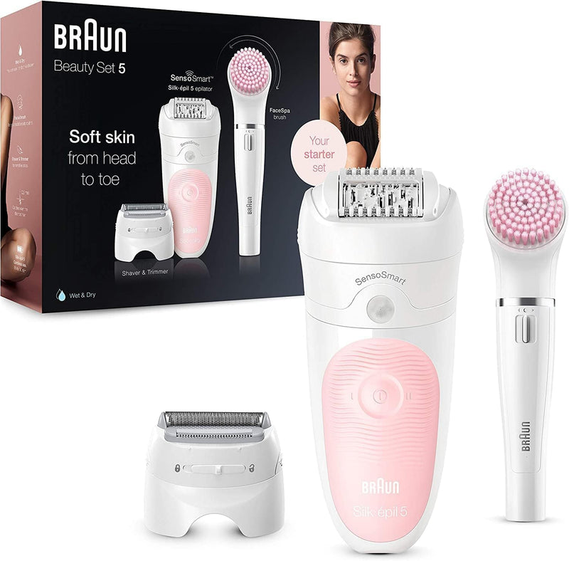 Braun Silk-épil 5 Beauty-Set, Epilierer Damen / Haarentferner, Aufsätze für Rasierer, Peeling, Reini